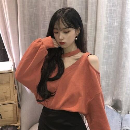 Womens Spring Summer Style Shirt Womens Solid Color V-Neck Long Sleeve Off Shoulder O-neck Elegant Korean Tops DD8576