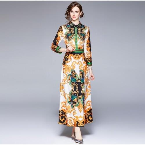 Long Sleeve Dresses Woman Party Night A-LINE Printing Ankle-Length Regular Turn-down Collar Big Shirt Dresses