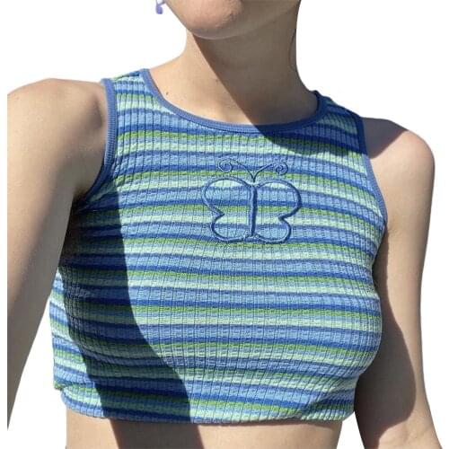 Womens Sleeveless Round Neck Butterfly Embroidered Rib Knit Short Vest Korean Striped Printed Navel Slim Ins Vest Top /F