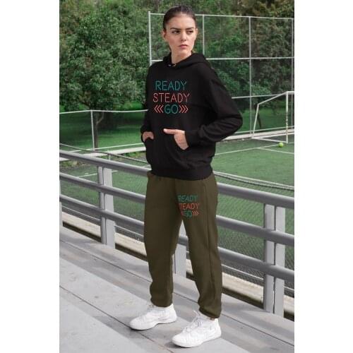 Angemiel Wear Ready Steady Women Tracksuit Set Black Hooded Sweatshirt Green Sweatpants