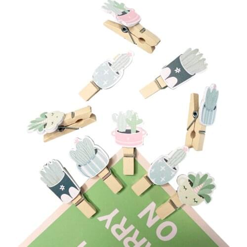 10Pcs Green Cactus Wooden Clip DIY Decoration Hemp Rope Photo Decoration Memo Clip Office School Supplies Cartoon