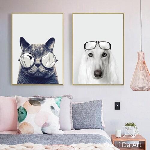 Abstract fashion wear glasses of cats and dogs canvas printings oil painting printed on canvas home wall art decoration picture