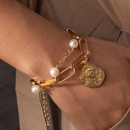 Boho Gold Pearl Beads Bracelets Chains Multilayer Bracelet For Women Girls Punk Jewelry 2021 Trend Charm Metal Portrait Bracelet