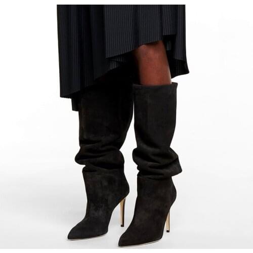 Brand high heels fashion western boots knee high boots for woman faux suede thin heel long boots pointed toe autumn winter boots