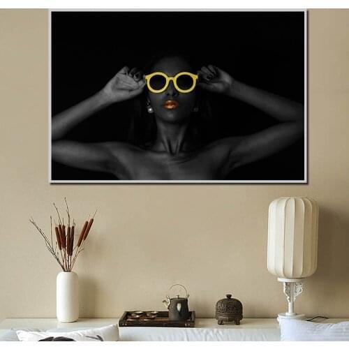 Black Woman Wearing Yellow Glasses Portrait Canvas Painting Posters and Prints Modern Wall Art Picture for Living Room Unframed