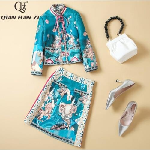 Qian Han Zi 2020 Designers Fashion Suit set Womens Long Sleeve Ruffle Button Print Jacquard Jacket and Mini Skirt 2 Piece Set