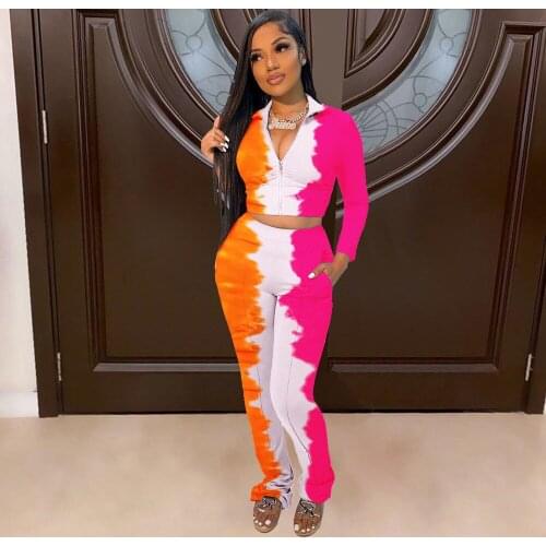 2021 Tie Dyeing Two Piece Pant Suit Zipper Up Full Sleeve Crop Top Jogger Sweatpant Sportswear Outfits for Women Matching Sets
