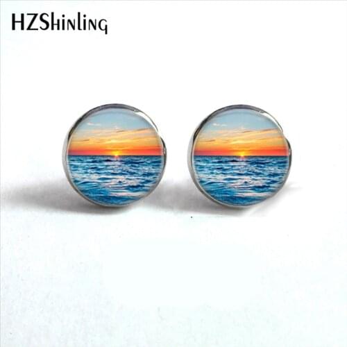 ED-002 Trendy Beach Jewelry Sunset Stud Earrings Handmade Nautical Ocean Sunset Dolphin Earring Round Glass Dome Jewelry HZ4