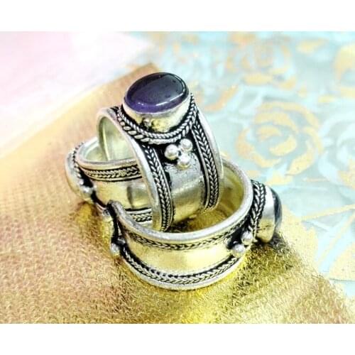 Fashion Jewelry Deep Purple Cryatal Ring Tibet Silver Buddhism Nepal Ring Adjustable Unisex Gift one ring