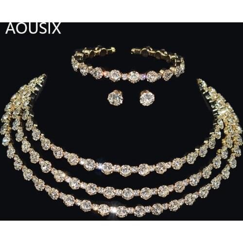 Elegant Silver Color Crystal Choker Bridal Jewelry Sets for women Rhinestone Chokers Wedding Necklace Earrings Bangles Sets Gift