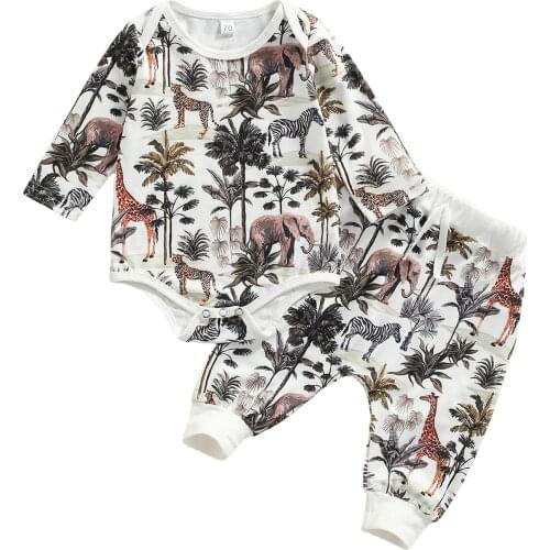 Two Piece Baby Boy’s Clothes Fresh Forest Animals Printed Long Sleeve Romper and Long Pants