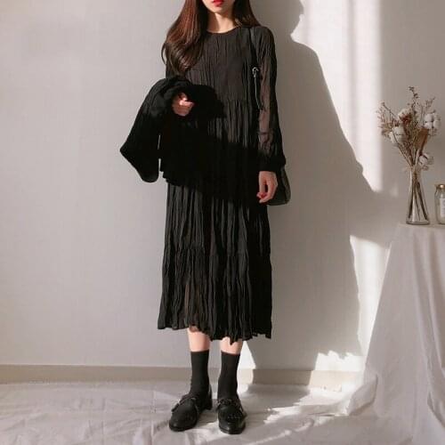 Solid Black O Neck Long Sleeve Pleated Chiffon Dress Women Long Korean Chic Retro Slim Wild Vestido Feminino Thin Spring New