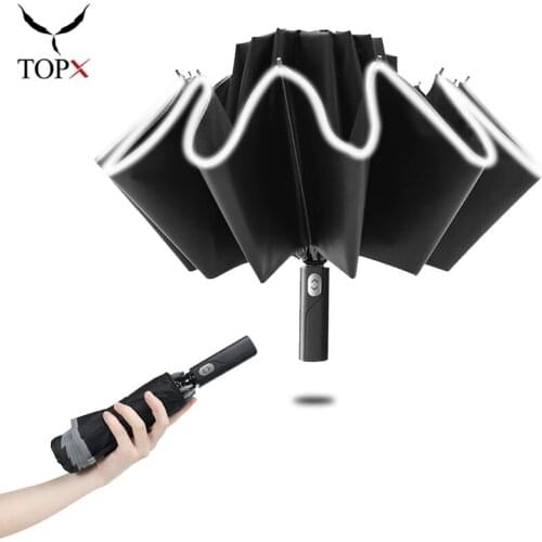 Portable Automatic Umbrella 3Folding Windproof Umbrella Rain Women For Men 10 Ribs Reflective Stripe Long handle Female Umbrella