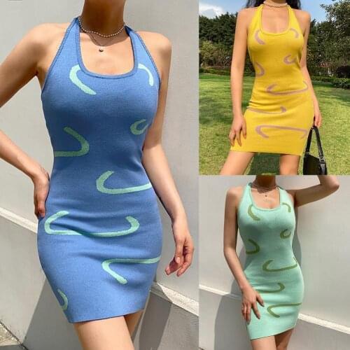 Sexy Knitted Sleeveless Halter Neck Backless Mini Dress Bodycon Dress Streetwear