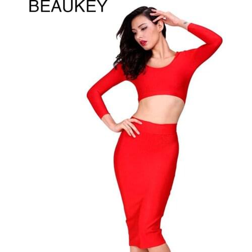 Red Rayon Long Sleeve Sexy Women 2 Piece Bodycon Bandage Dress Blue