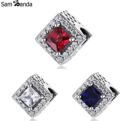 Authentic 925 Sterling Silver Bead Geometric Radiance Clear Red Blue Golden CZ Crystal Charm Fit Pandora Bracelets DIY Jewelry