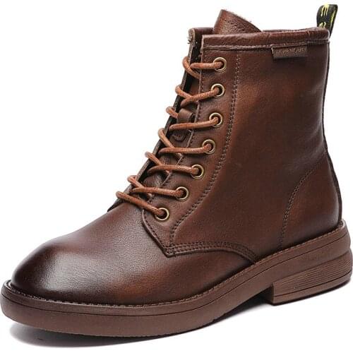 UMMEWALO Lace Up Thick Heel Boots Women Round Toe Winter Genuine Leather Ankle Boots Ladies