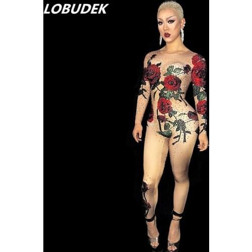 Women Rhinestones Jumpsuit Sexy Costume Bright Crystals Rose Flower Bodysuit Singer Nightclub Stage Performance Party Catwalk