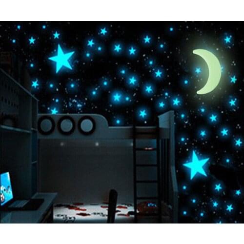 100Pcs/Pack Star Moon Luminous Wall Sticker for Home Bedroom Decoration DIY Glow in Dark Blue Star Kids Room Wall Art Stickers