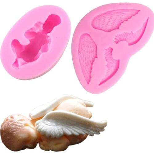 2Pcs Sleeping Baby And Angel Wing Shape 3D Silicone baking mould For Cake Decorating tools T0686