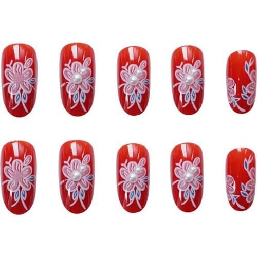 24pcs Red Flower Pattern Wear Short Paragraph Fashion Manicure Patch False Nails Save Time Wearable Nail Patch SANA889