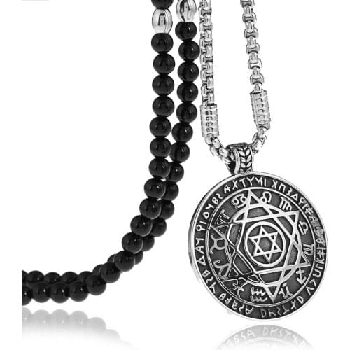 Stainless Steel Solomon Six pointed Star 12 Constellation Pendant Necklaces with Black Natural Stone Beaded Necklace 27inches