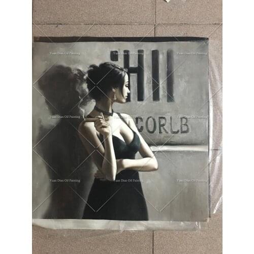 Black And White Cigar Portrait Style Picture Sexy Lady Oil Painting On Canva 100% Handmade Portrait Painting For Cigar Room