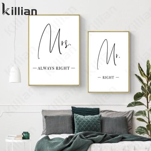 Always Right Mrs Right Text Canvas Painting Black and White Wall Art Posters and Prints Minimalism Pictures Living Room Home Dec