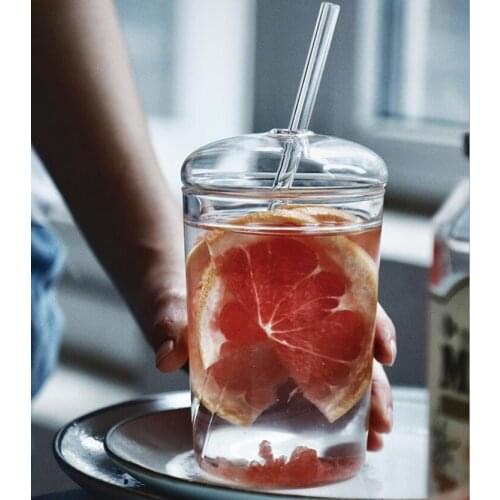 450ml Brief Heat Resistant Glass Cup with Lid Straw Transparent Mug Milk Coffee Summer Cold Drinking Cup