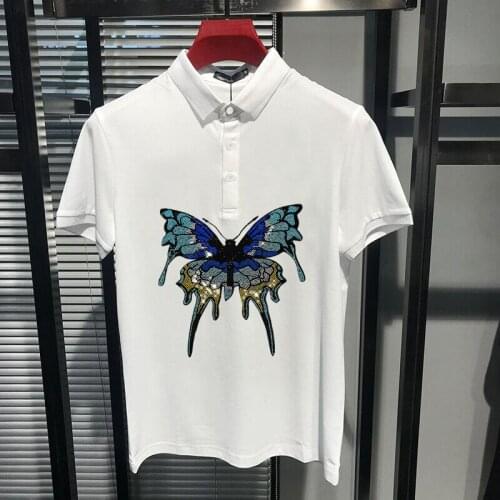Fashion Butterfly Rhinestone Gift Essential Shirt Polo Perfect Trends Crystal Lapel Leisure Short-Sleeved Mens Party Tops