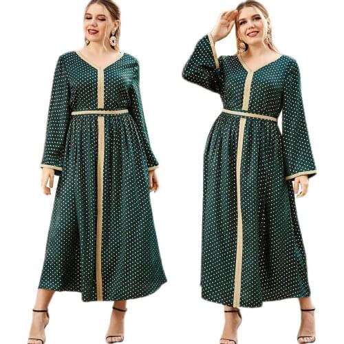 Muslim Vintage Polka Dot Long Dress Plus Size V-neck Women Arab Abaya Middle East Islamic Kaftan Maxi Robe Gown Turkey Ramadan