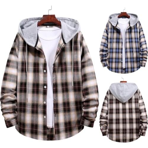 Mens Couple Jecket Fashion Plaid Hooded Shirts Buttoned Long Sleeve Color Block Checkered Pattern Casual Tops