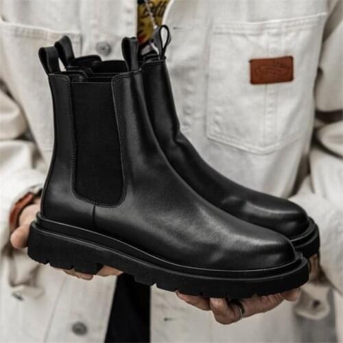 Genuine Leather Luxury Chelsea Boots Men Ankle Boots Chunky Heel Male Winter Platform Shoes Plush Snow Boots Brand Designer