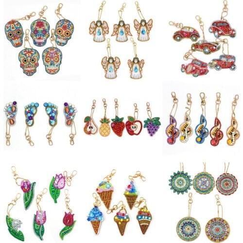 Diamond Painting Keychain Set Cartoon Car Fruit Skull Decor Car Pendent Full Drill Diamond Embroidery Cross Stitch Gift
