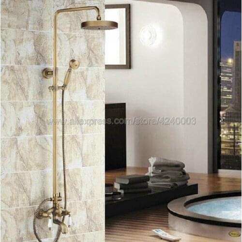 Wall Mounted Bathroom Shower Faucet Sets Double Handle Tub Mixer Tap with Hand Shower Antique Brass Krs164
