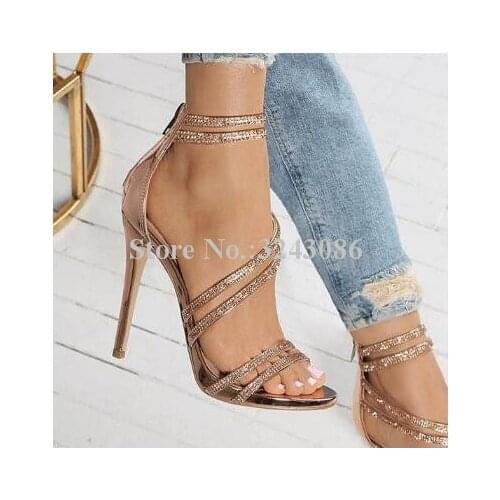 Women New Stiletto Heel Crystal Sandals Fashion Design Rhinestone Straps High Heels Gladiator Sandals Lady Large Size Party Shoe
