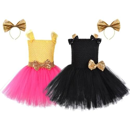 LoL Girls Tutu Dress With Headband Black Gold Bow-knot Queen Princess Girl Bee Role Play Costume For Halloween Carnival Party