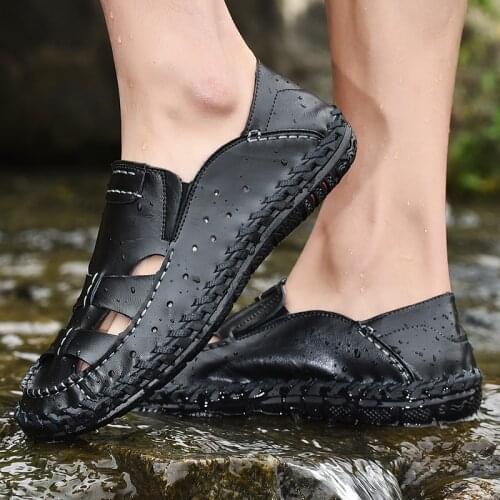 Man sandals summer for men handmade genuine leather roman shoes hollow handmade sewing breathable casual beach shoes men