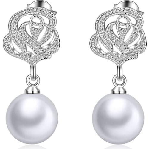 Real Freshwater Pearl earrings for women 925 sterling silver pearl Carving Roses flower earrings Fine jewelry brincos