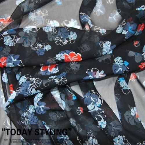 LEO&LIN Large Wide Navy Blue Flower Silk Georgette Chiffon Clothing Fabric DIY Patchwork Tissue