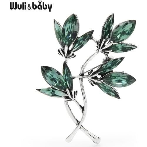 Wuli&baby Green Sparlking Crystal Brooch Pins Flower Women Fashion Brooches Leaf Badge Trendy Jewelry Gift