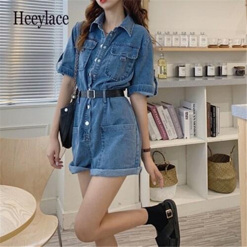 Summer Women Blue Denim Playsuits 2021 New Short Sleeve Rompers Casual Chic Jeans Jumpsuits