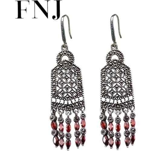 FNJ Tassel Agate Earrings 925 Silver Red Zircon Original S925 Sterling Silver Drop Earring for Women Jewelry Garnet MARCASITE