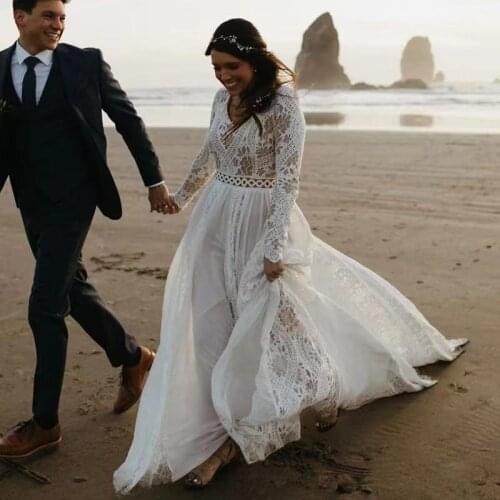 Beach Boho Elopement Photoshoot Wedding Dress V Neck Lace A Line Chiffon A Line Bohemain Lace 2021 New Long Sleeve Bridal Gown