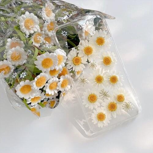 Yellow Daisy Real Dry Flower Phone Case for iPhone 12 Pro Max 11 7 8 Plus X XS XR SE2 12 Mini Case Luxury Soft Clear Back Cover