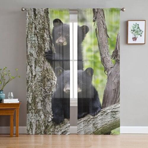 Black Bear Animal Tree Print Sheer Window Panel Curtains Room for Living Room Bedroom Kitchen Room Chiffon Tulle Curtains