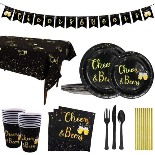 Birthday Anniversary Party Supplies Black Gold Disposable Tableware Plates Napkins Cups Straws Tablecloth Dinnerware Decorations