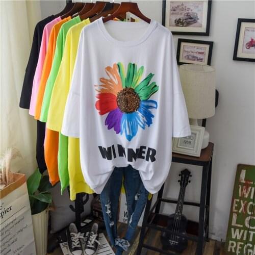 Summer Women Long Cotton Streetwear Tee Flower Print T Shirt Female Soft Oversized Tunic Tops Oversize