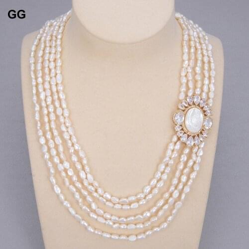 GG Jewelry 18''-22'' 5 Strands Natural Freshwater Cultured White Keshi Pearl CZ Shell Christ Jesus Connector Necklace For Women
