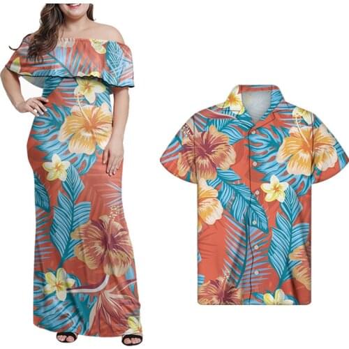 HYCOOL Plus Size Women Summer Casual Ruffle Beach Maxi Dresses Factory Prices Floral 2pcs Couples Skirts And Men Shirts Set 2021